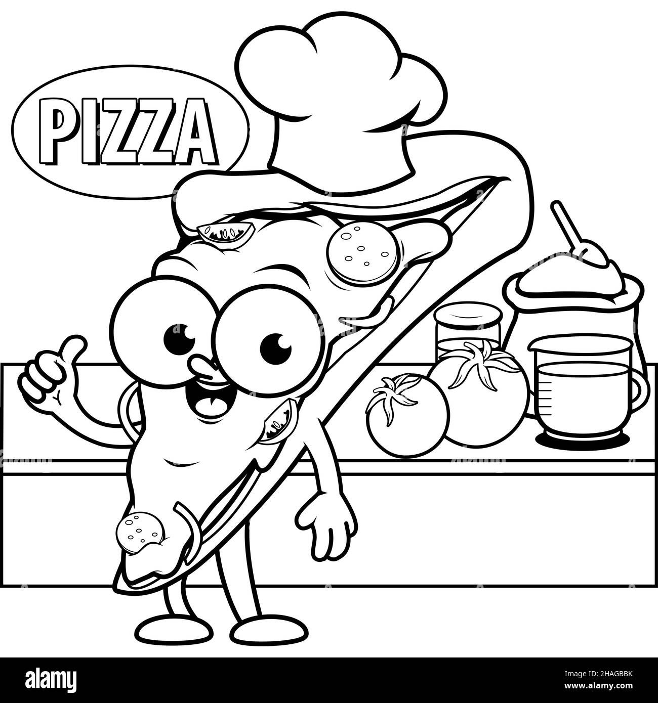 Fetta di cartoni animati di pizzaiolo che cucina in cucina. Chef di pizza che prepara una pizza nella cucina della pizzeria. Mascotte fast food, consegna pizza cartoni animati divertenti. Foto Stock