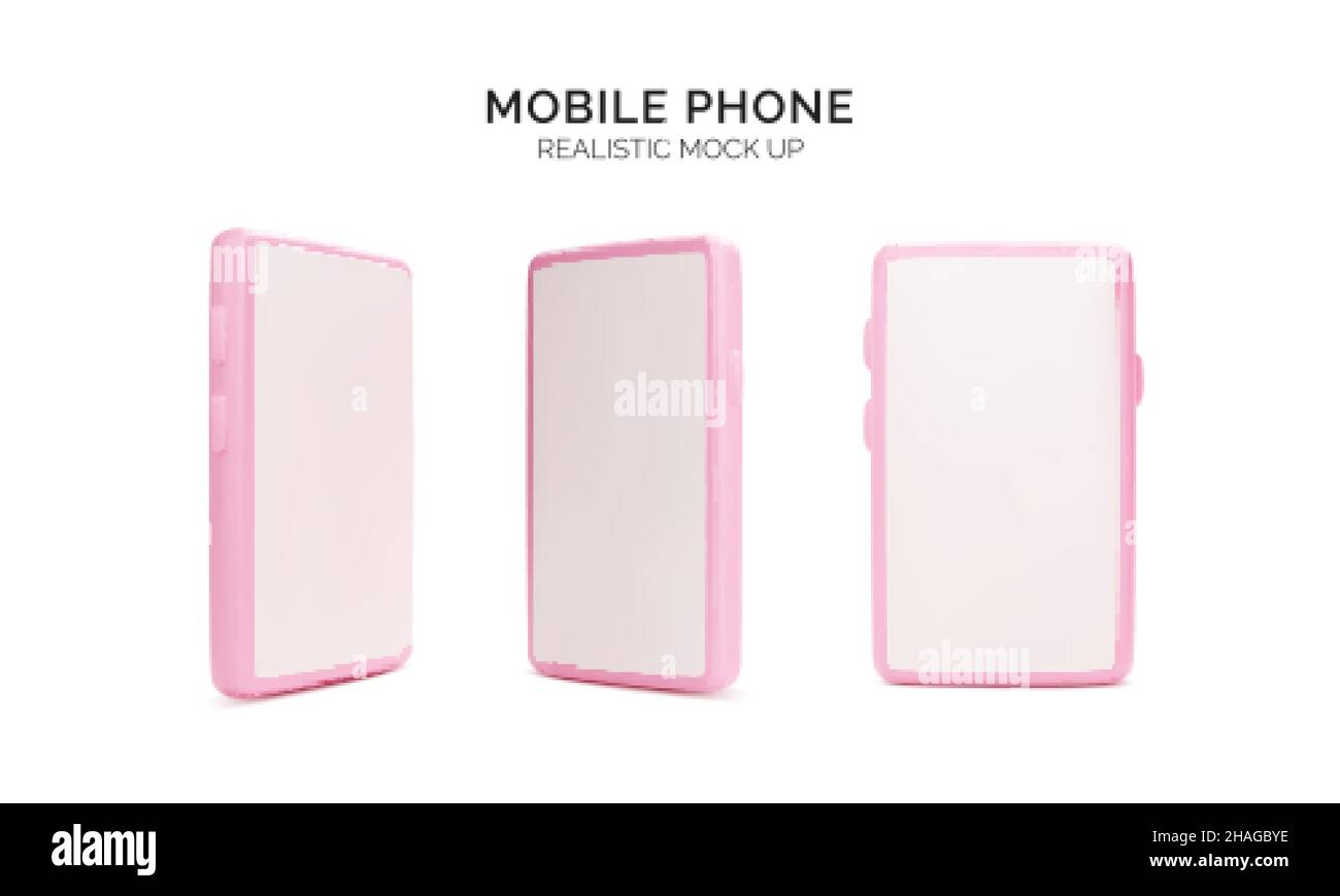Cellulare realistico simulazione. 3d rendering dello smartphone. Modello di telefono rosa con schermo vuoto isolato su sfondo bianco. Illustrazione vettoriale Illustrazione Vettoriale