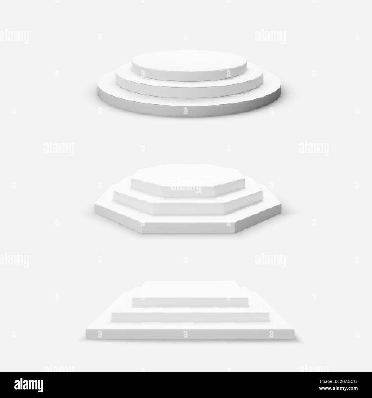 Set di tavole rotonde esagonali e quadrate. Set di podi vuoti isolati su sfondo bianco. Illustrazione vettoriale Illustrazione Vettoriale