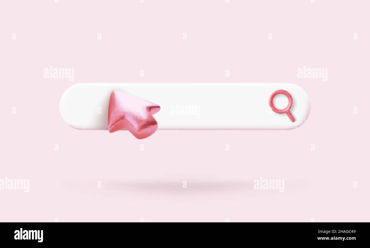 Barra di ricerca con cursore del mouse e lente di ingrandimento. Freccia sotto il campo di ricerca di colore rosa. Illustrazione vettoriale Illustrazione Vettoriale