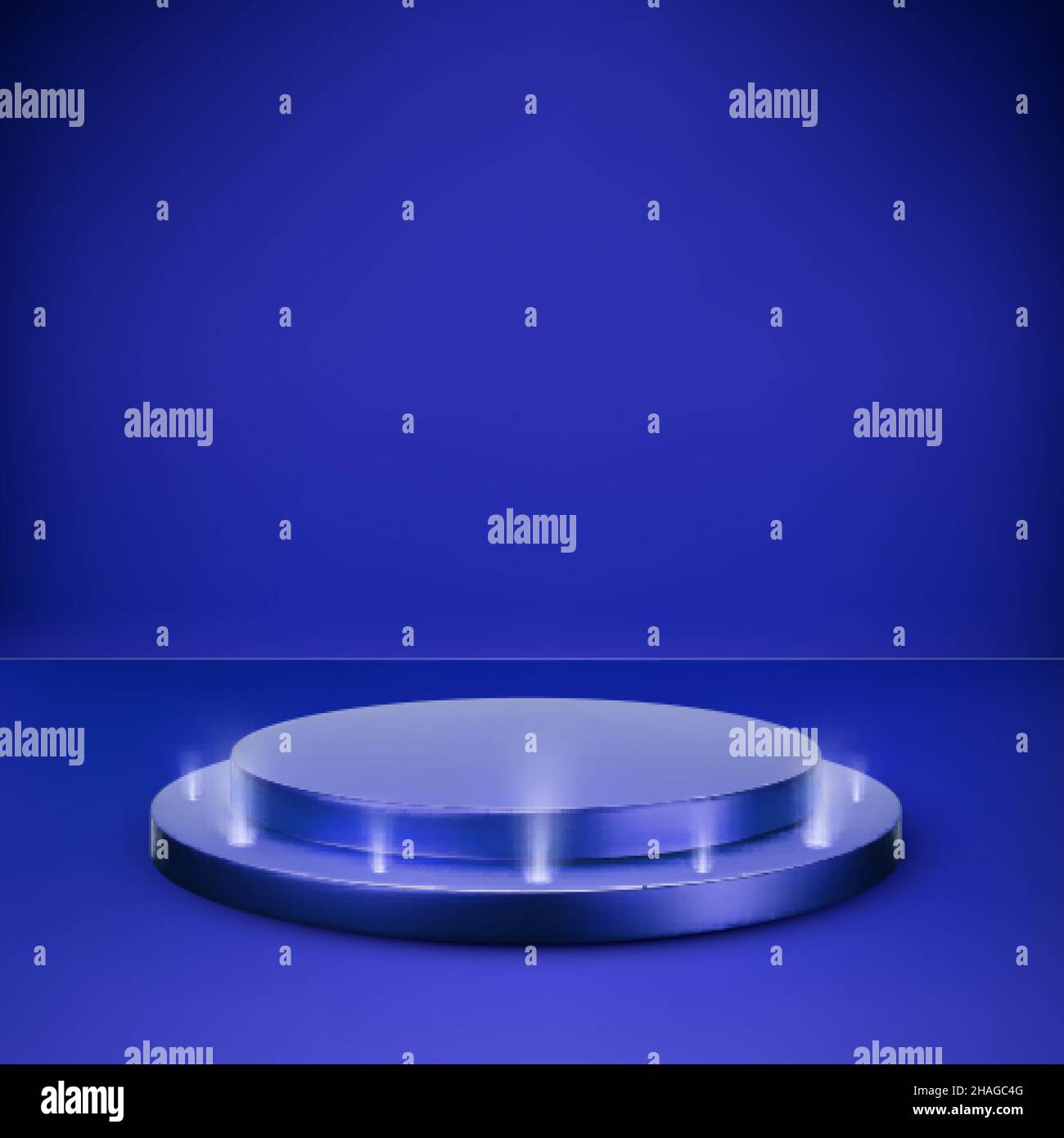 Podio rotondo blu su sfondo scuro. Piattaforma illuminata da faretti. Piedistallo vuoto per la cerimonia di premiazione. Illustrazione vettoriale Illustrazione Vettoriale