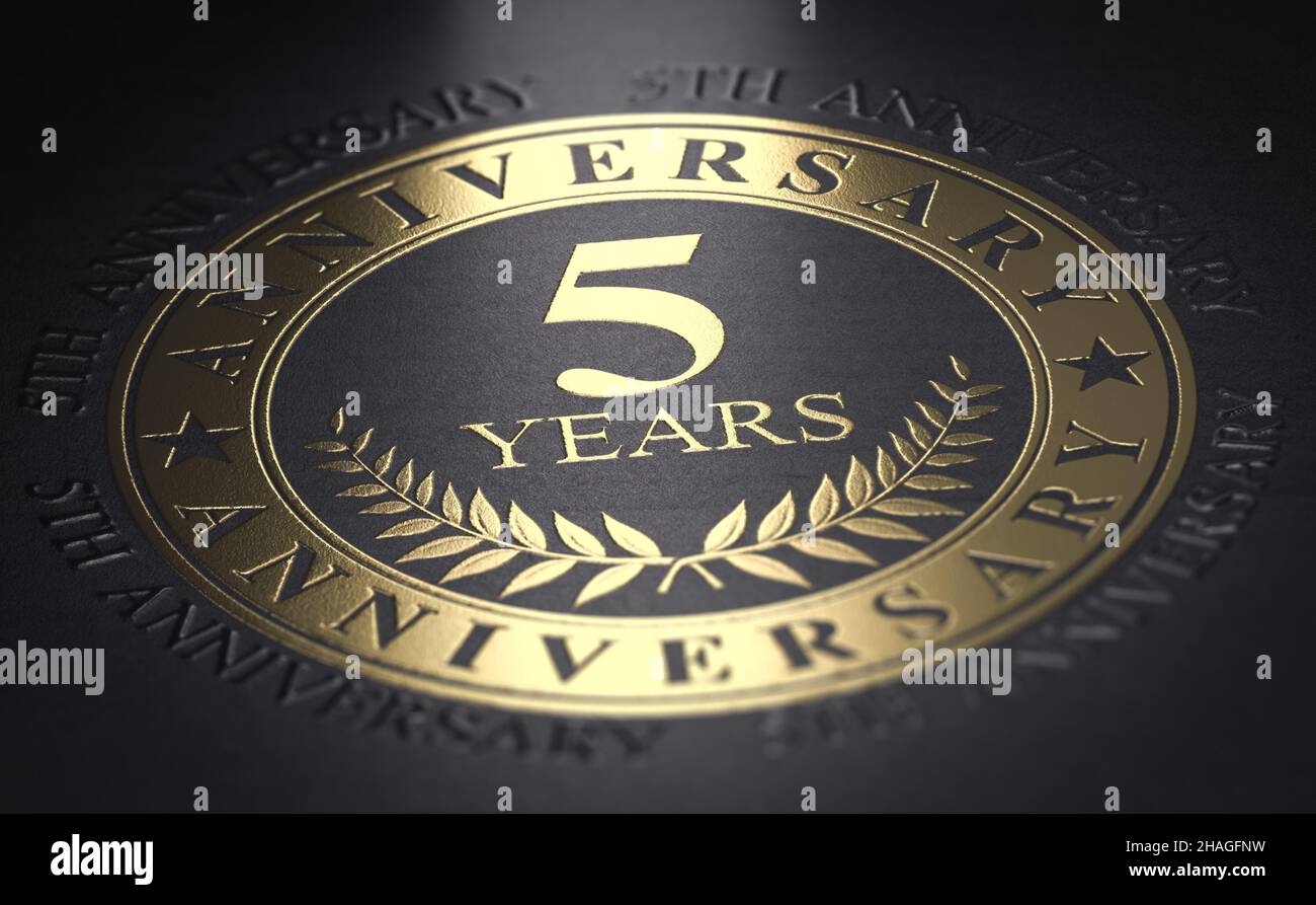 annuncio della celebrazione del 5th° anniversario. Marcatura d'oro su sfondo nero con il testo 5 anni. 3D illustrazione. Foto Stock