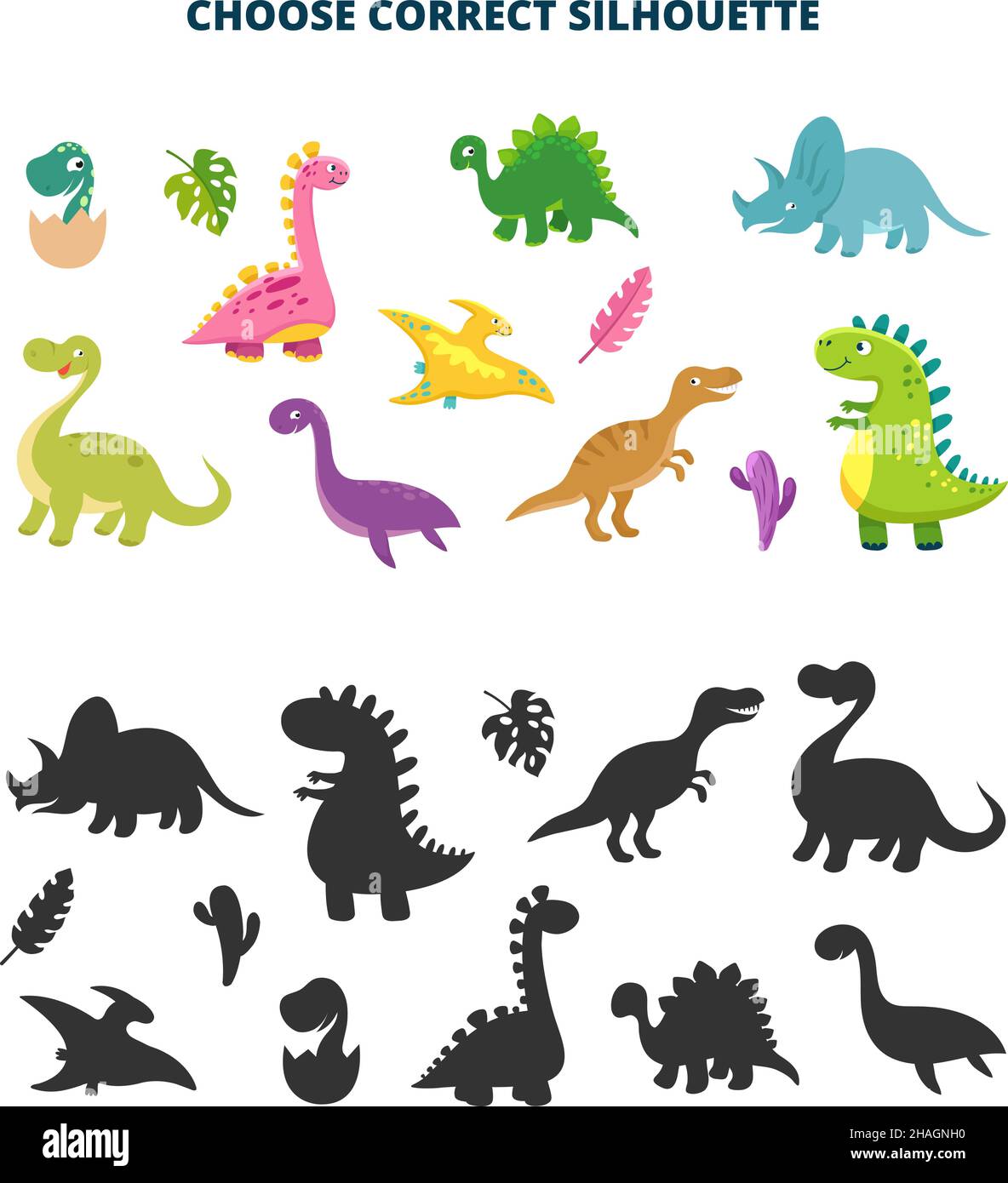 Puzzle per bambini con dinosauro. Scegli la silhouette dino, t-rex o pterodactyl. Cartoon carino dinosauri e forme nere. Vettore preistorico isolato Illustrazione Vettoriale