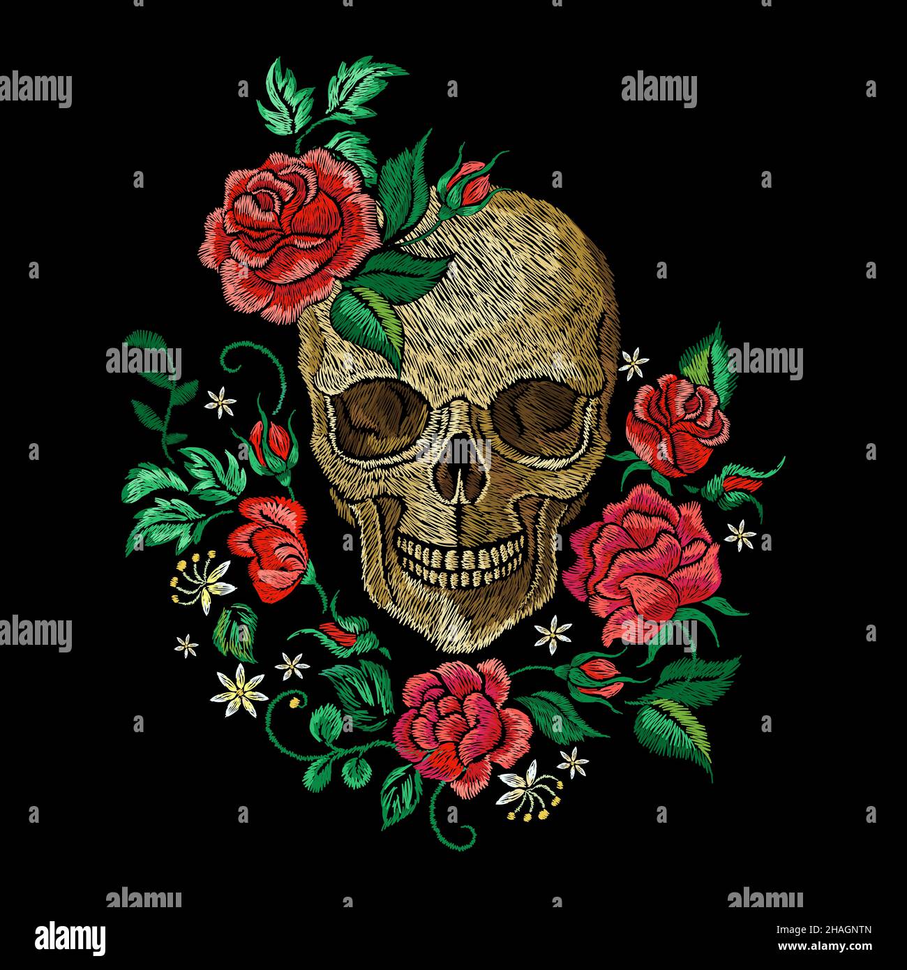 Cranio e rose. Modello stampato in stile rock con rose ricamate. Maglietta o giacca in pelle design artistico. Grafica rocking, gotica morte vintage oggi vettore Illustrazione Vettoriale