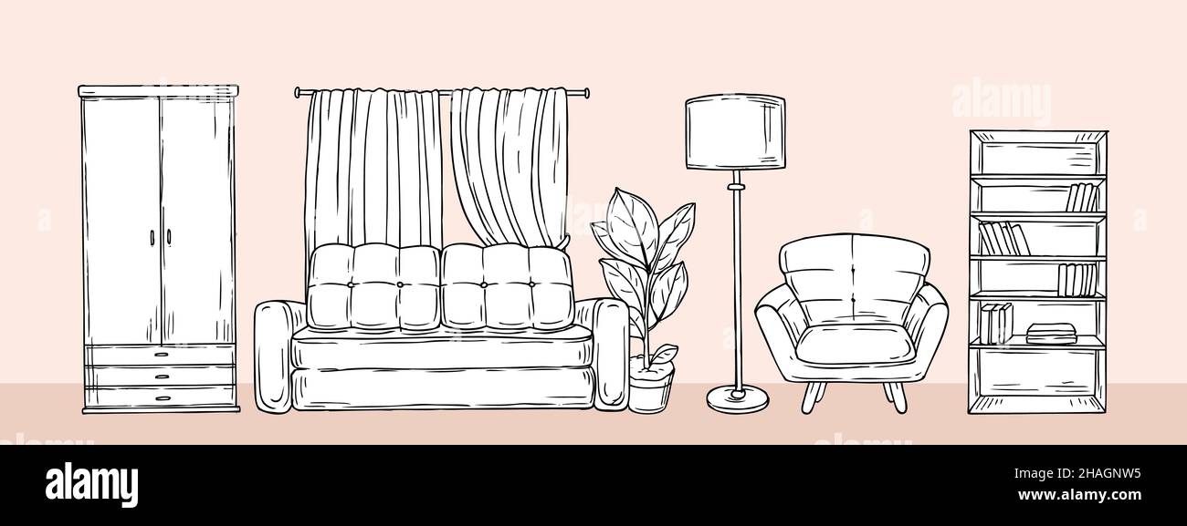Banner soggiorno. Mobili da disegno, appartamento con armadio, divano, poltrona e scaffale. Sfondo interno accogliente, disegno accessori per la casa Illustrazione Vettoriale