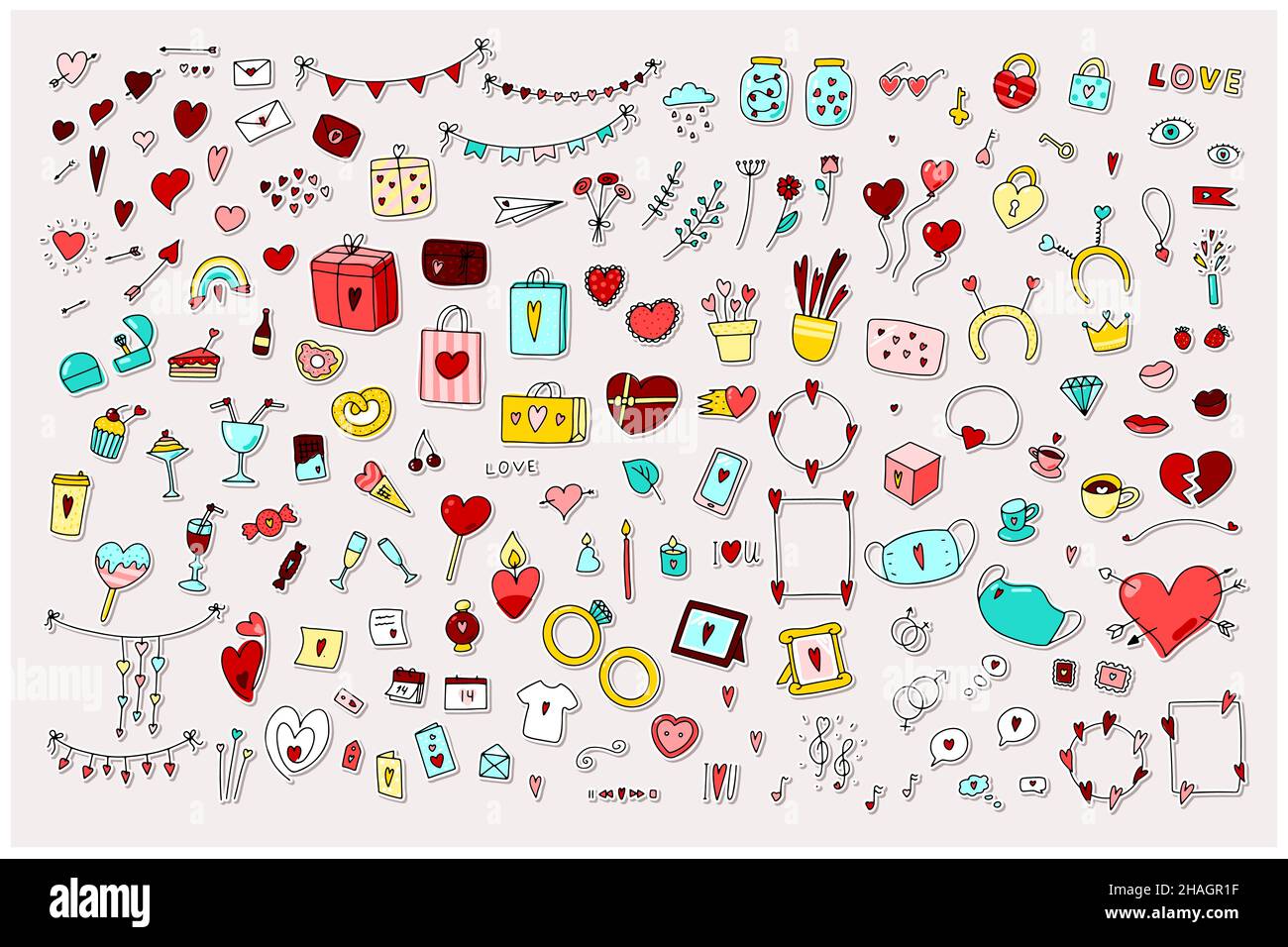 Set adesivi Doodle Valentines Day. Simboli d'amore disegnati a mano isolati su sfondo bianco. Carino biglietto d'auguri, busta, regalo, accessori con cuore. Illustrazione Vettoriale