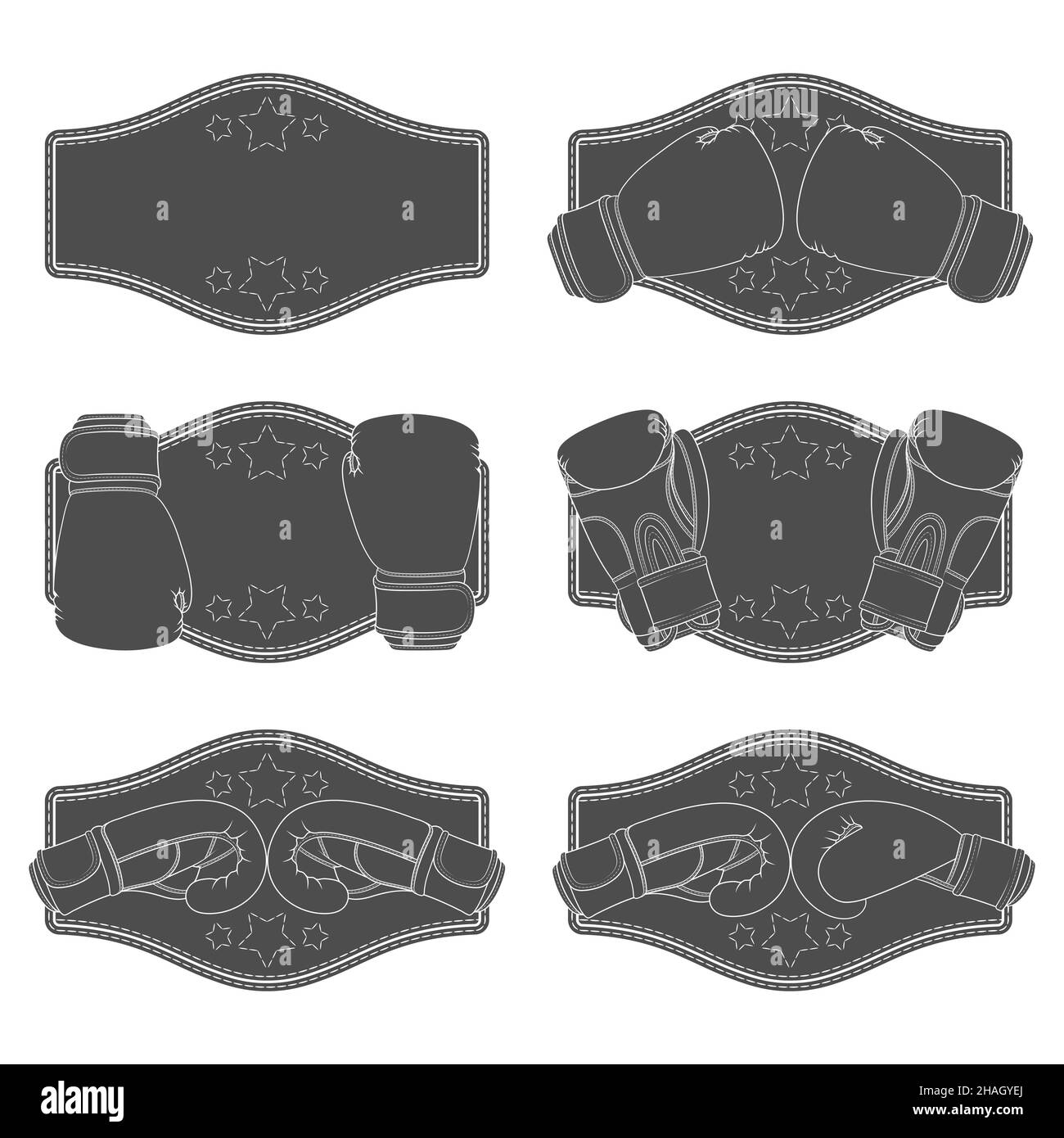 Set di illustrazioni in bianco e nero con guanti da boxe e cintura vincente. Oggetti vettoriali isolati su sfondo bianco. Illustrazione Vettoriale