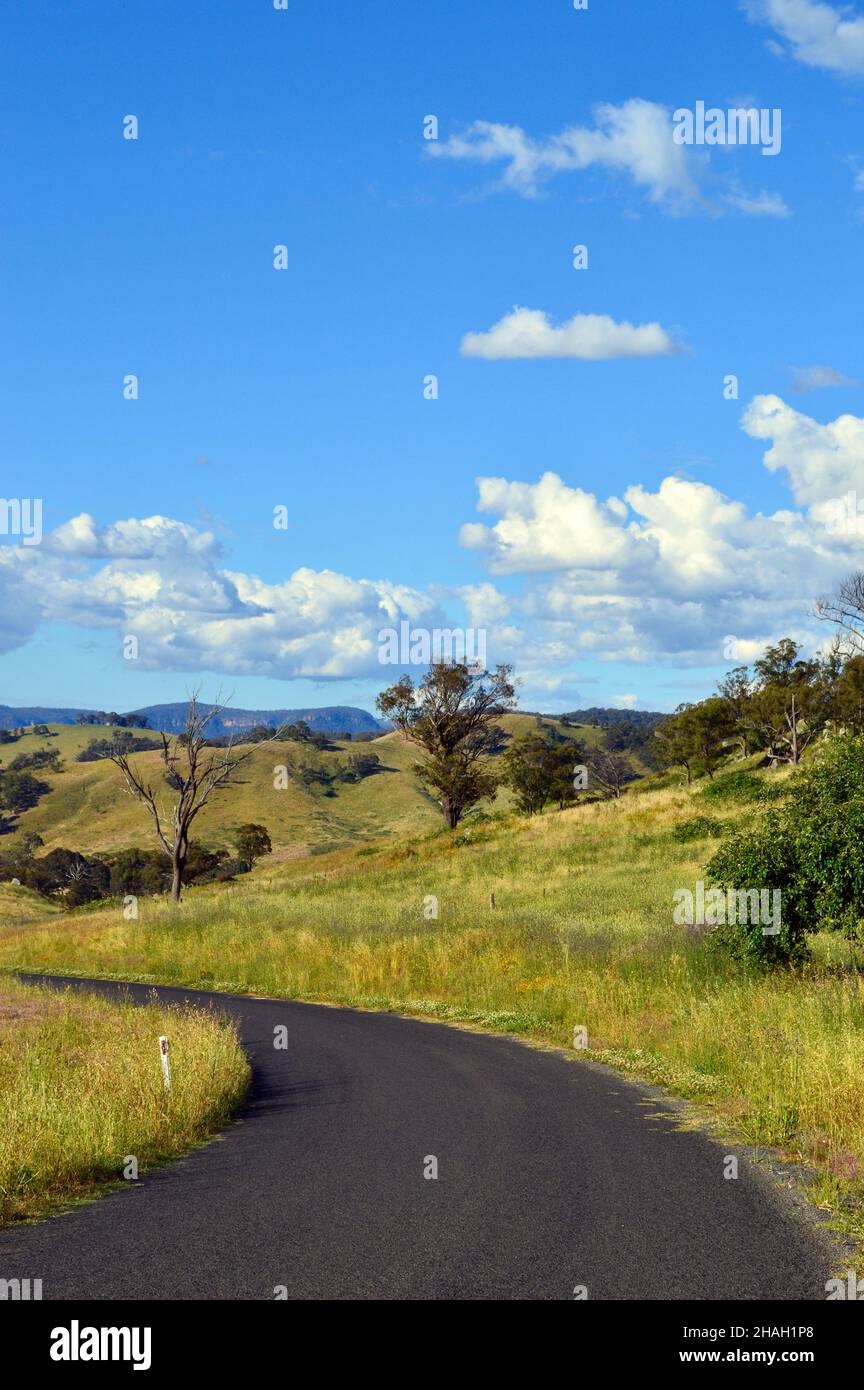 Una vista lungo Coxs River Road vicino Hartley, NSW, Australia Foto Stock