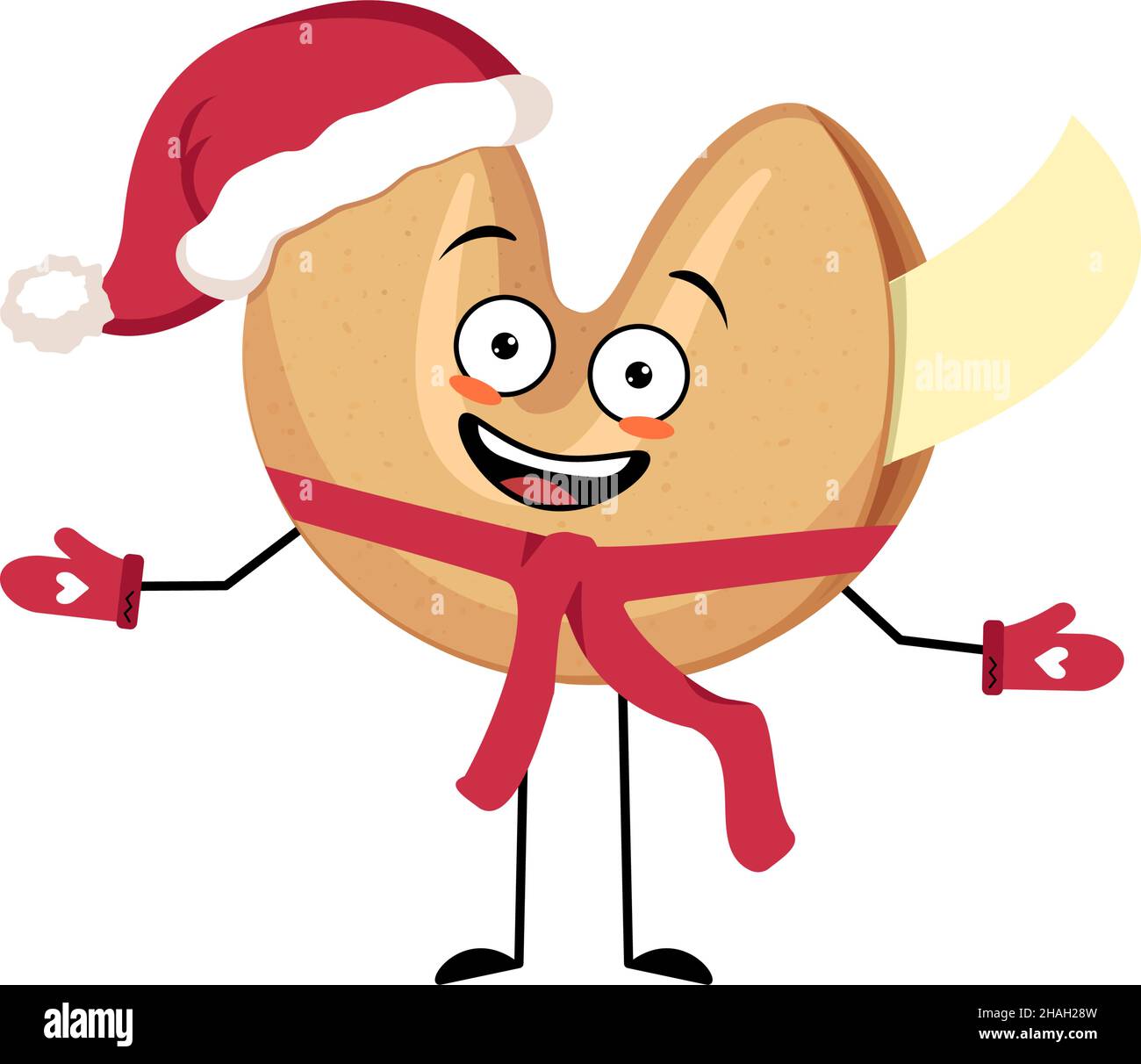 Biscotti di fortuna cinese carattere Santa con emozione felice, faccia gioiosa, occhi sorridenti, braccia e gambe con sciarpa e mitrens. Dolci natalizi per Natale e Capodanno. Illustrazione vettoriale Illustrazione Vettoriale
