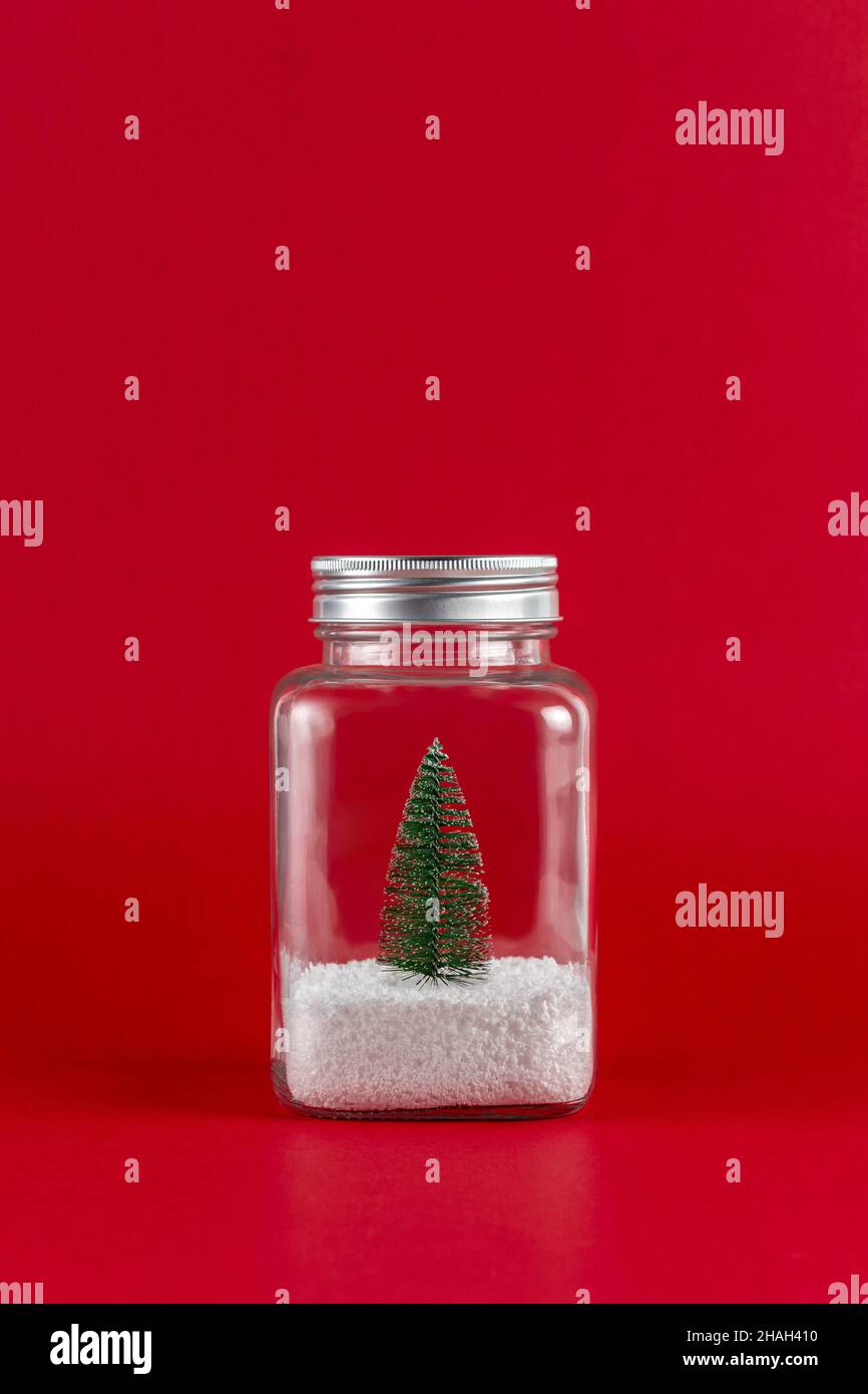 Albero di Natale verde con neve in un vaso di vetro su sfondo rosso. Minimo Natale o Capodanno concetto. Foto Stock