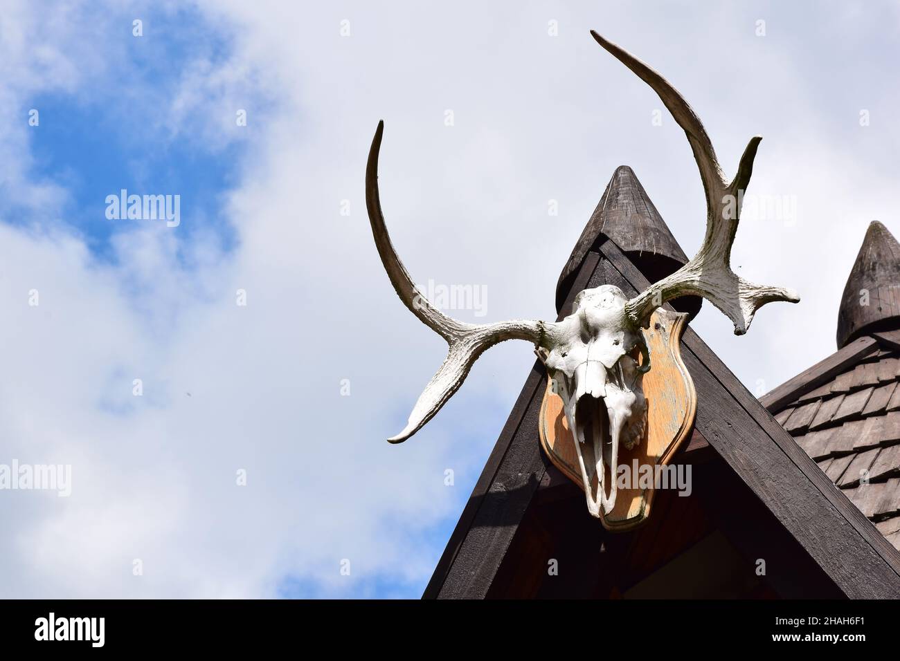 A destra, un cranio decorativo di cervo con grandi corna si appende sul tetto in legno della casa. A sinistra, contro il cielo blu, c'è una s vuota Foto Stock