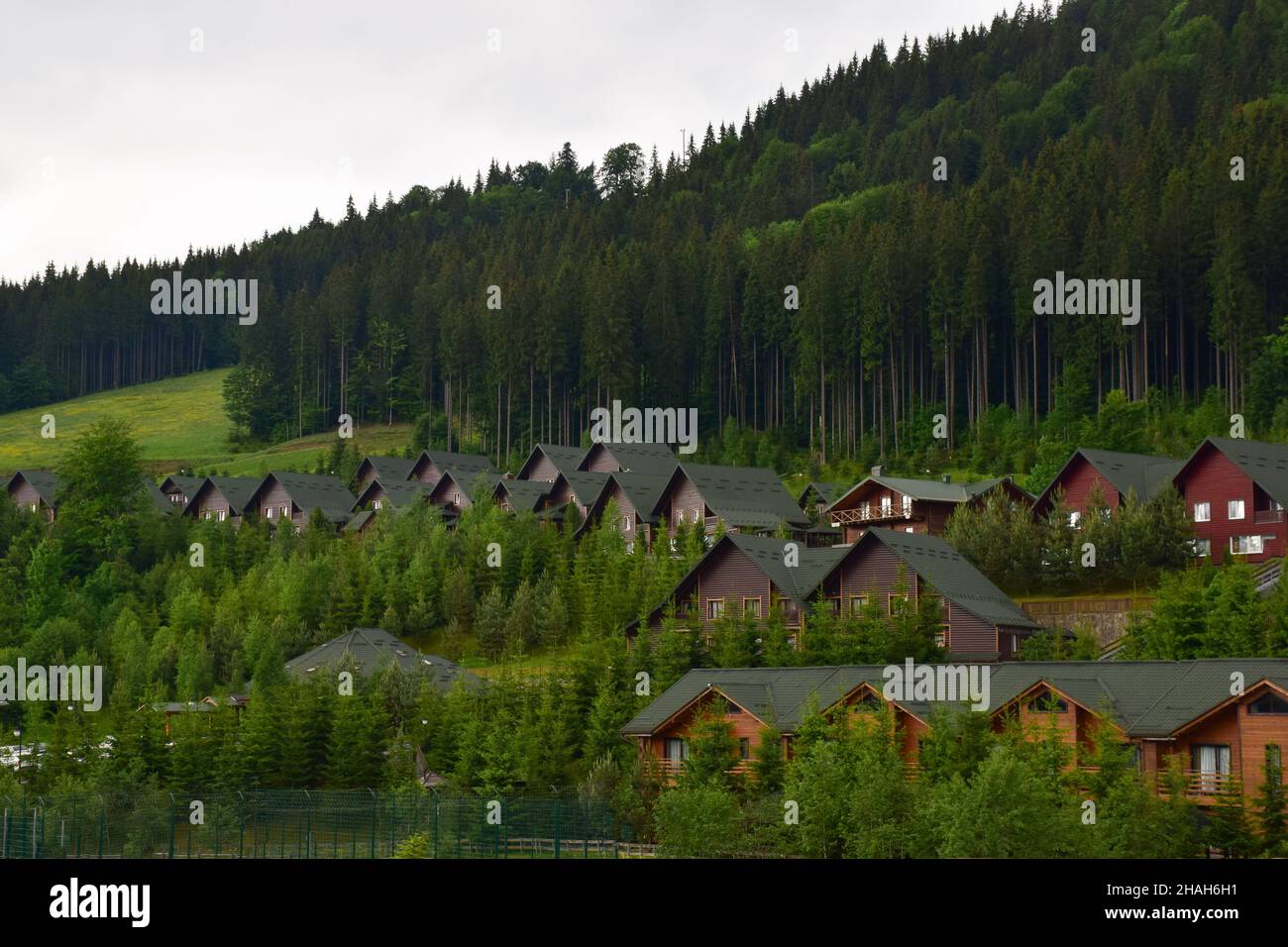 Sotto la montagna estiva ci sono file di case d'hotel con tetto verde. Le pendici sono sovrastate da alberi Foto Stock