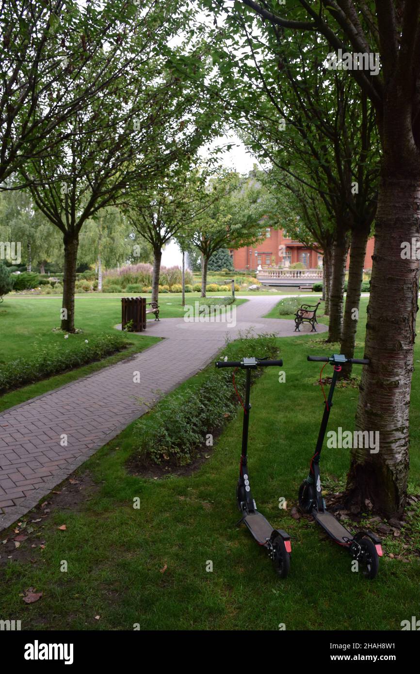 Nel parco estivo ci sono due scooter attaccati ad un albero. Un sentiero piastrellato conduce lungo il vicolo alla casa Foto Stock