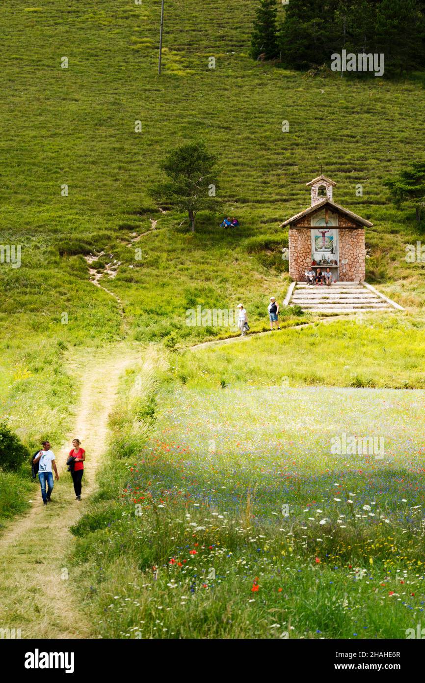 Parco Nazionale dei Monti Sibillini, Colle Sacro del Grande piano, Castelluccio di Norcia, Umbria, Italia, Europa Foto Stock