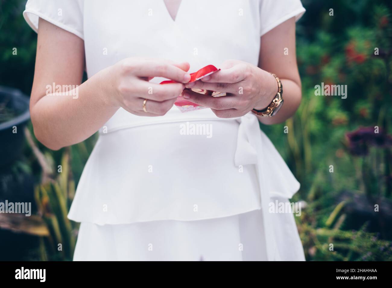 Mano della donna che tiene una busta rossa aperta o un pacchetto rosso chiamato Ang Pao o Ang Pow, anche Hongao o Hungao in Mandarin e Lai See in Cantonese. Foto Stock