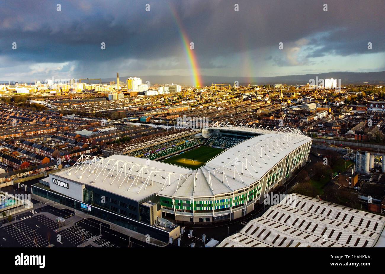 Una vista aerea dello Stadio Nazionale a Windsor Park, Belfast. Sede della squadra nazionale dell'Irlanda del Nord e dell'Irish League Side Linfield FC. Foto Stock