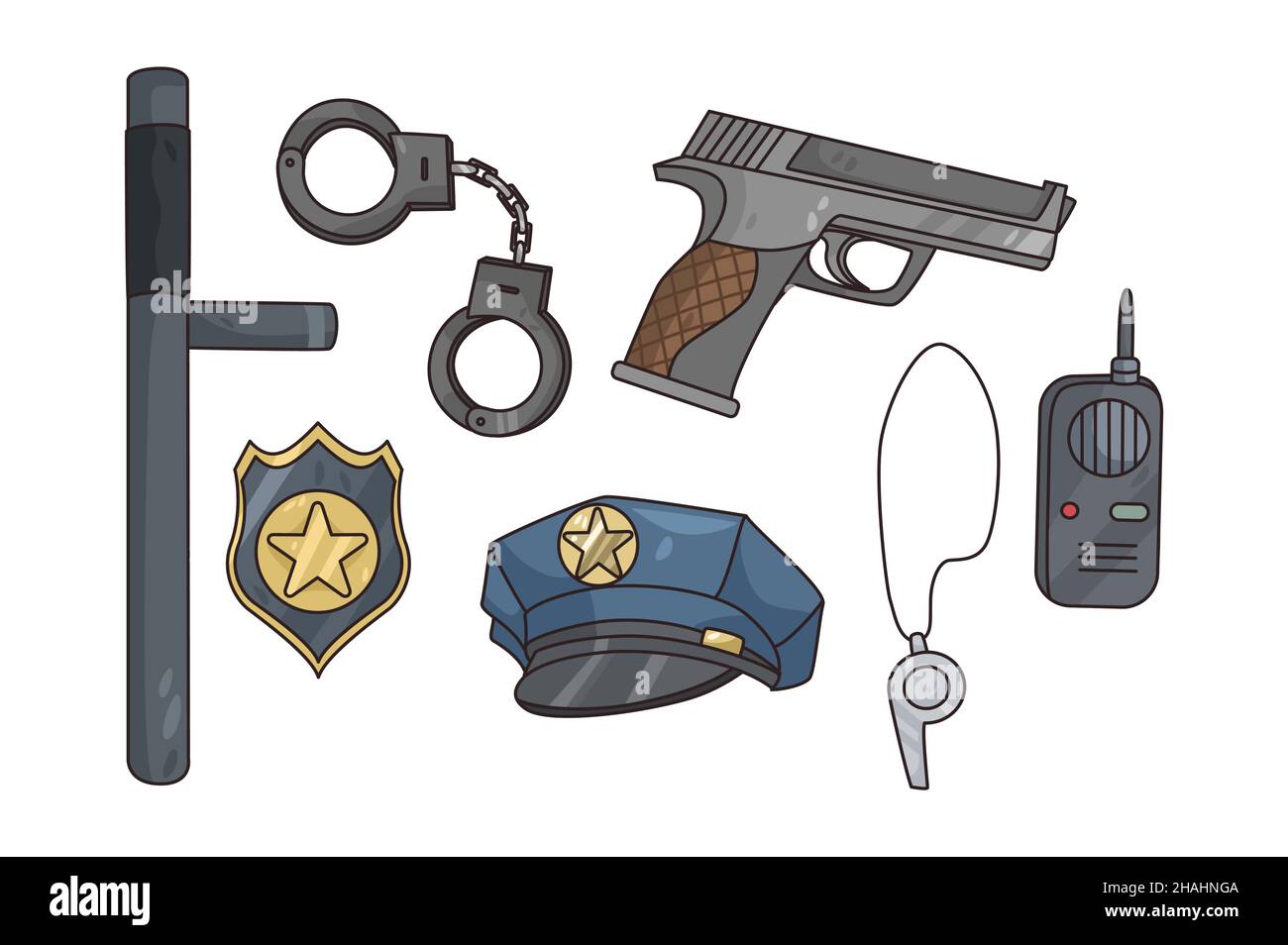 Set di kit o attrezzature di polizia per la cattura dei criminali. Collezione colorata di poliziotti o strumenti di sicurezza. Pistola, badge e manette per ufficiale. Illustrazione vettoriale piatta. Illustrazione Vettoriale Set di kit o attrezzature di polizia per la cattura dei criminali. Collezione colorata di poliziotti o strumenti di sicurezza. Pistola, badge e manette per ufficiale. Illustrazione vettoriale piatta. Illustrazione Vettoriale