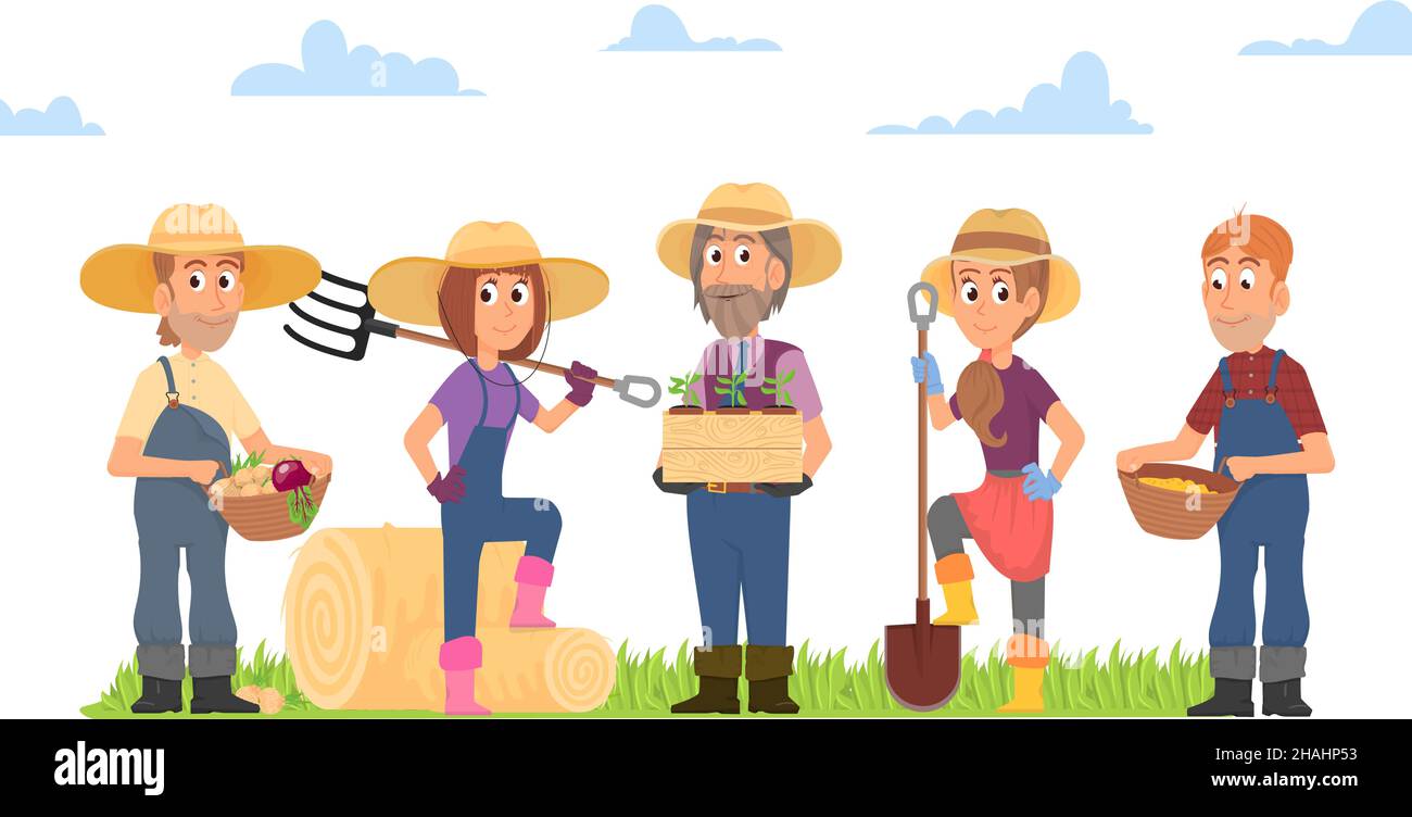 Gruppo di coltivatori. Agricoltura contadino, comunità di lavoratori agricoli. La gente lavora a terra, piantando e giardinaggio. Mercato locale proprietari decente scena vettoriale Illustrazione Vettoriale