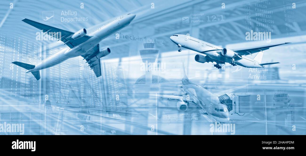Mobilità e viaggi con aerei e architettura, segnaletica e infrastrutture negli aeroporti Foto Stock
