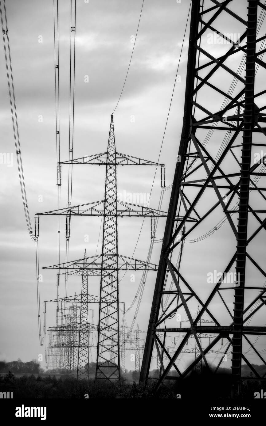 Power line monocromatico contro il cielo grigio vicino a Francoforte sul meno Foto Stock