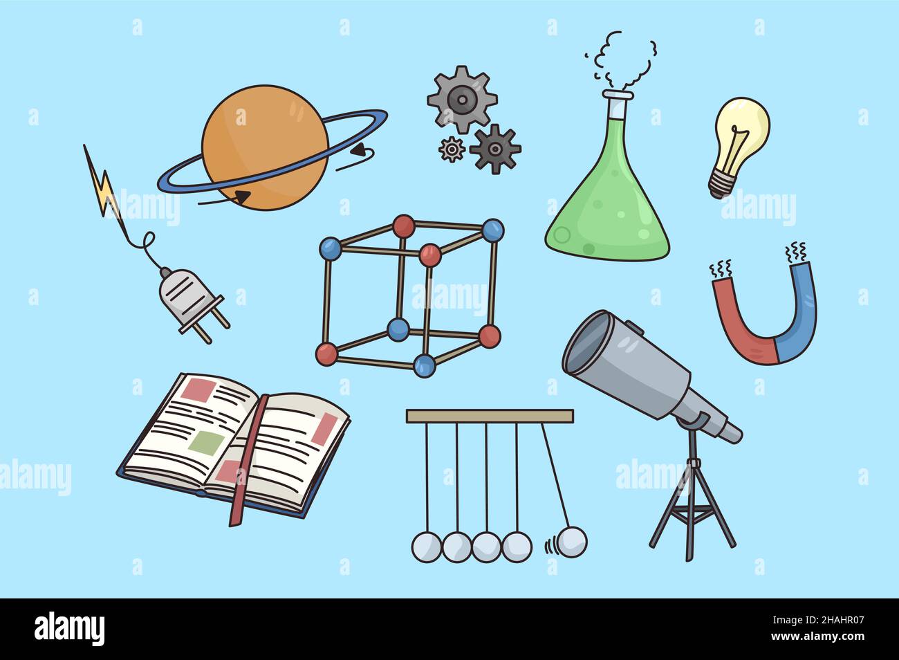 Set di elementi scientifici isolati su sfondo blu. Raccolta di icone chimiche o fisiche dell'attrezzatura. Ricerca in laboratorio di fisica e chimica. Esperimento e scienza. Illustrazione vettoriale. Illustrazione Vettoriale