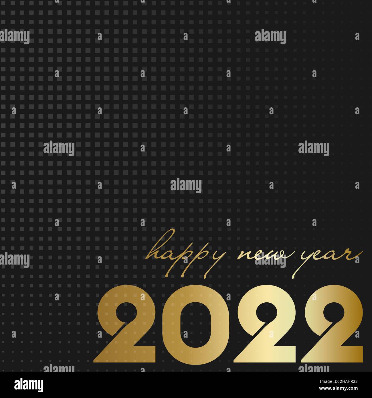 Biglietto di auguri quadrato di Capodanno, Happy Ney Year 2022 color oro su sfondo mezzitono scuro, illustrazione vettoriale Illustrazione Vettoriale