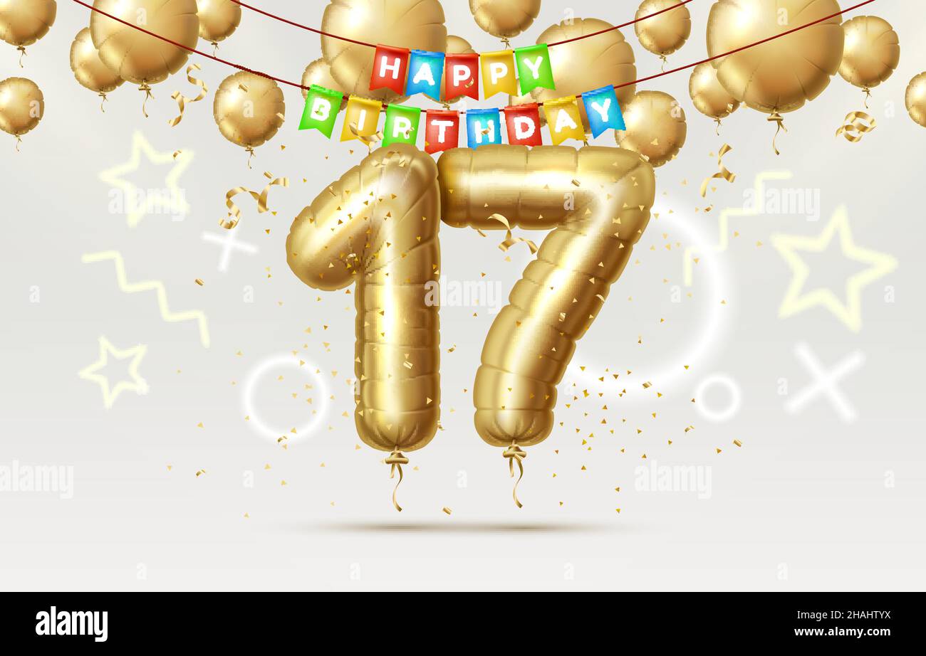 Buon compleanno 17 anni anniversario della persona compleanno, palloncini in forma di numeri dell'anno. Illustrazione vettoriale Illustrazione Vettoriale