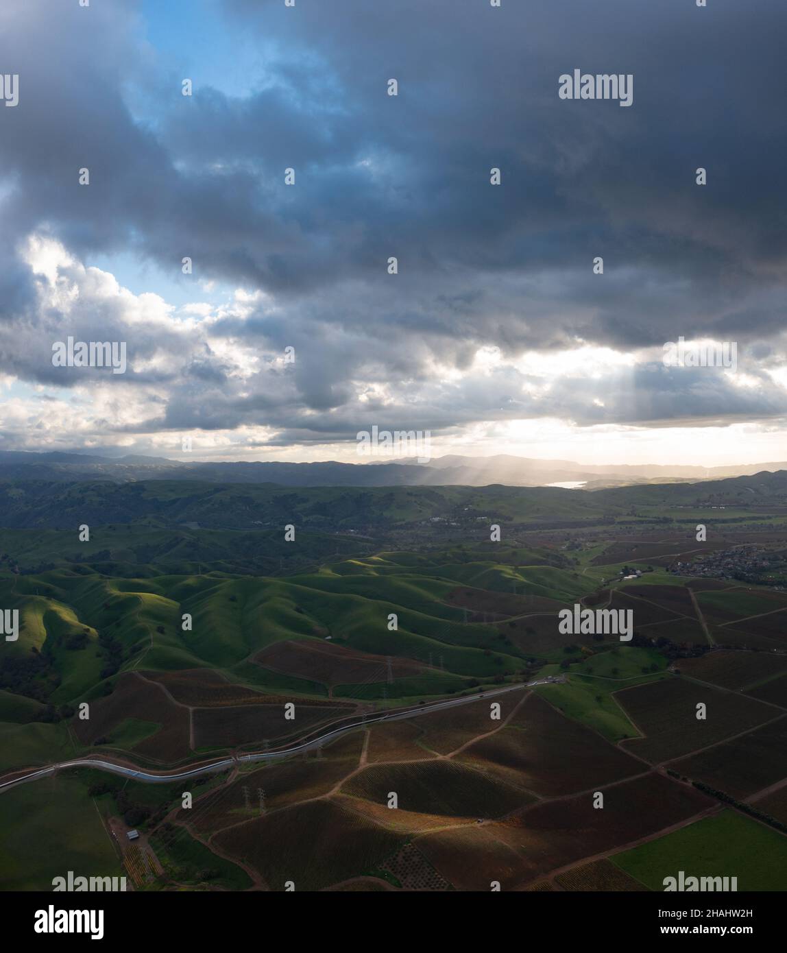 Le nubi basse del pomeriggio si estendono su vigneti panoramici nella regione della Tri-Valley nella California settentrionale, appena ad est della Baia di San Francisco. Foto Stock