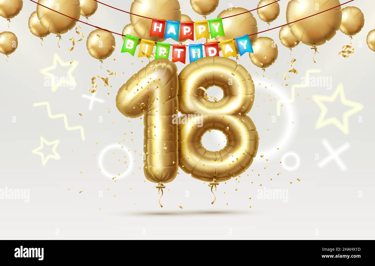 Buon compleanno 18 anni anniversario della persona compleanno, palloncini in forma di numeri dell'anno. Illustrazione vettoriale Illustrazione Vettoriale