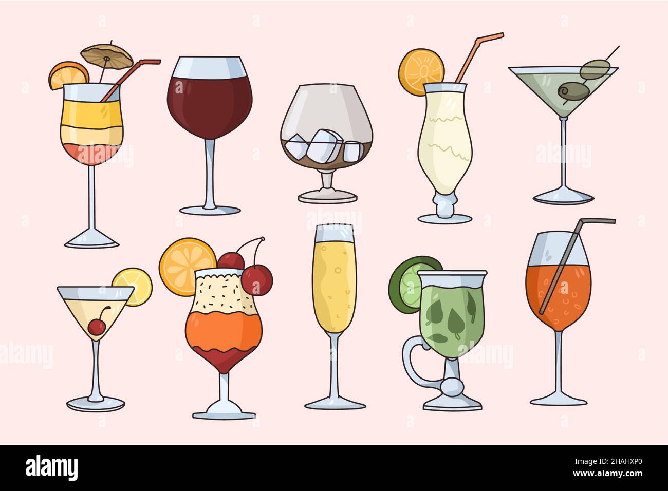 Set vettoriale di cocktail in bicchieri serviti al bar. Bevande alcoliche classiche isolate su sfondo bianco. Ristorante con menu club. Concetto di alcol e bevande analcoliche. Illustrazione piatta, cartone animato. Illustrazione Vettoriale