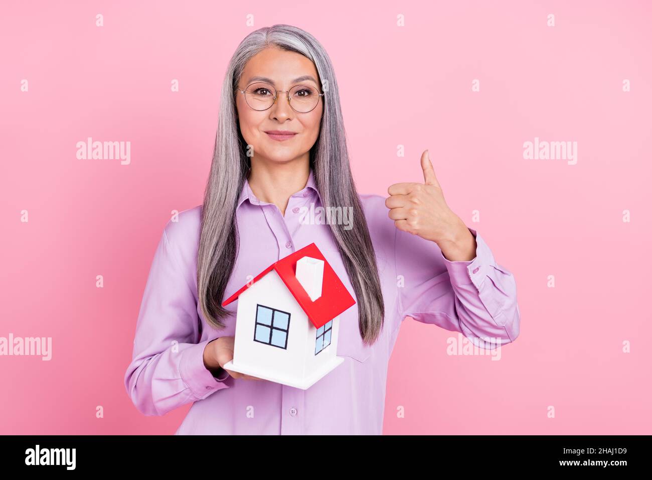 Ritratto di attraente cheery grigio-capelli donna tenuta casa mostrando thumbup ad isolato su rosa pastello sfondo colore Foto Stock