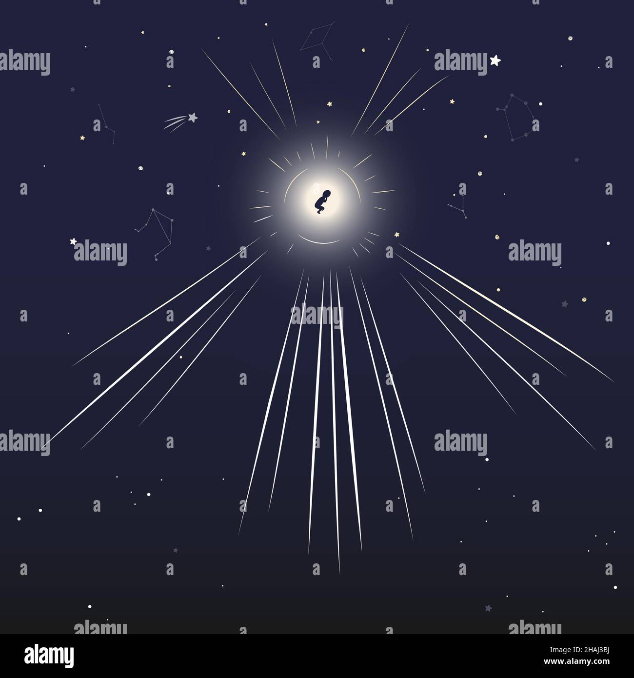 Mistero di Gesù Cristo nascita illustrazione vettoriale. La silhouette del neonato nei raggi di luce del cielo. In attesa di un concetto di nascita di un bambino e di un bambino. Natale Illustrazione Vettoriale