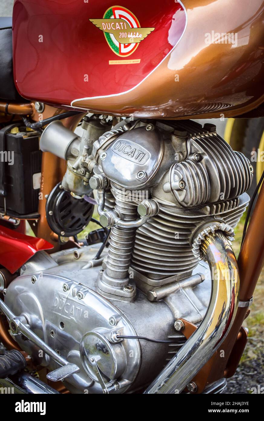 Palamós, Girona, Spagna- 10 maggio 2015: Motore elite 0 che mostra parte del serbatoio con l'anagramma. Foto Stock