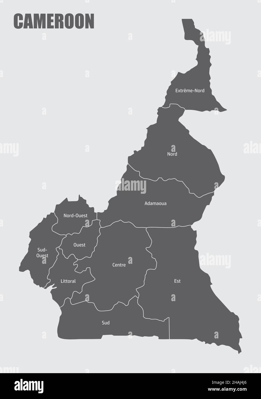 Mappa amministrativa del Camerun. Mappa isolata con etichette. Illustrazione Vettoriale