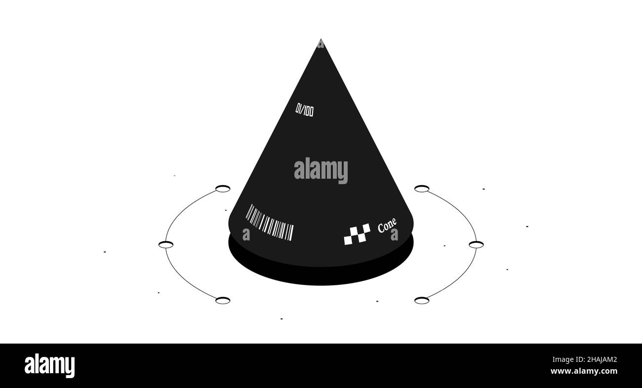 Figura matematica del cono. Immagine isometrica 3D in bianco e nero isolata su sfondo bianco. Foto Stock