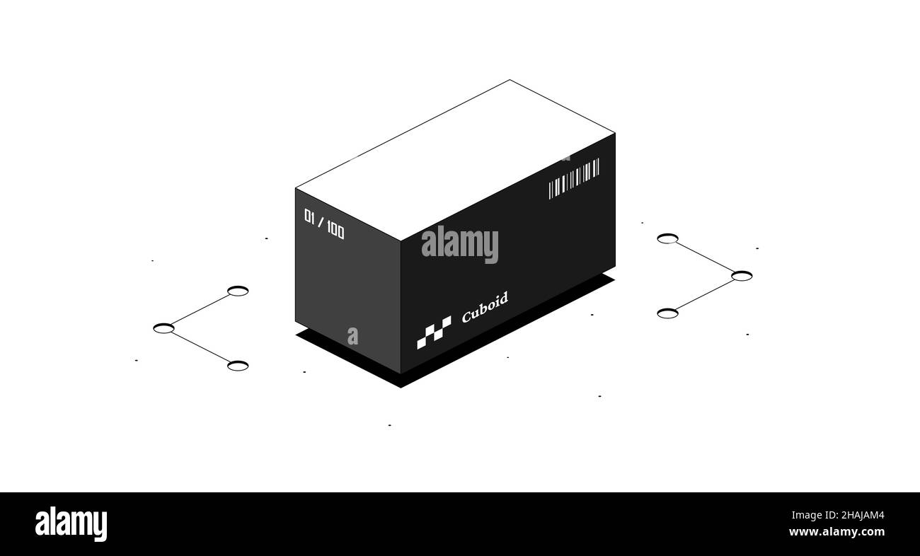 Figura matematica cuboide. Immagine isometrica 3D in bianco e nero isolata su sfondo bianco. Foto Stock