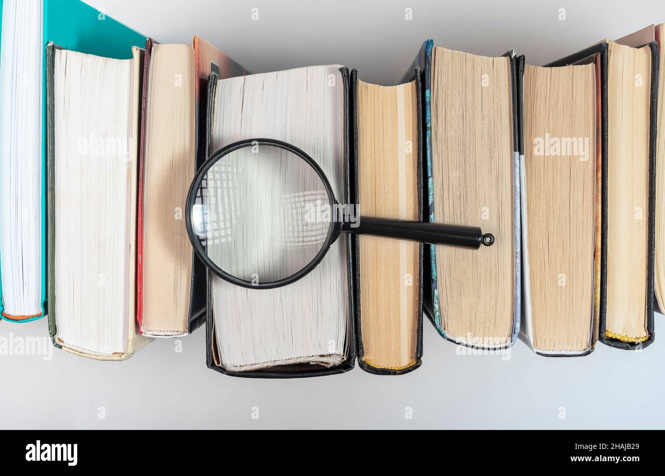 Lente di ingrandimento sopra la riga dei libri con molte pagine. Concetto di conoscenza e studio. Foto Stock