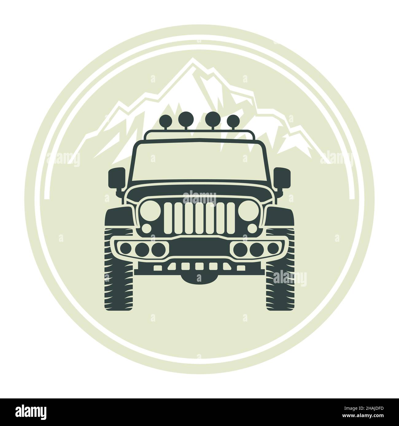 Vista frontale auto fuoristrada, SUV e montagna per etichette, emblemi, badge o logo, vettore Illustrazione Vettoriale