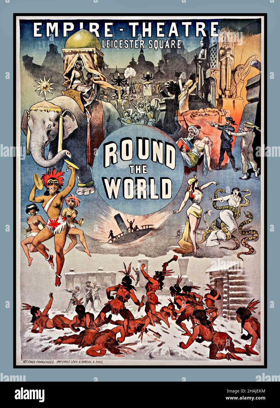 Archivio 1880s Empire Theatre vintage 1885 International revue entertainment poster 'ROUND THE WORLD' Leicester Square London UK Foto Stock