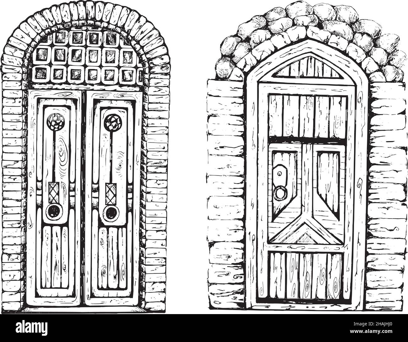 Porta vintage disegnata a mano. Nero e bianco, isolato su sfondo bianco. Illustrazione Vettoriale