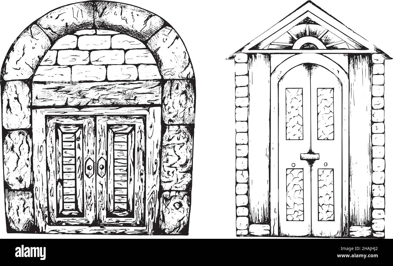 Porta vintage disegnata a mano. Nero e bianco, isolato su sfondo bianco. Illustrazione Vettoriale