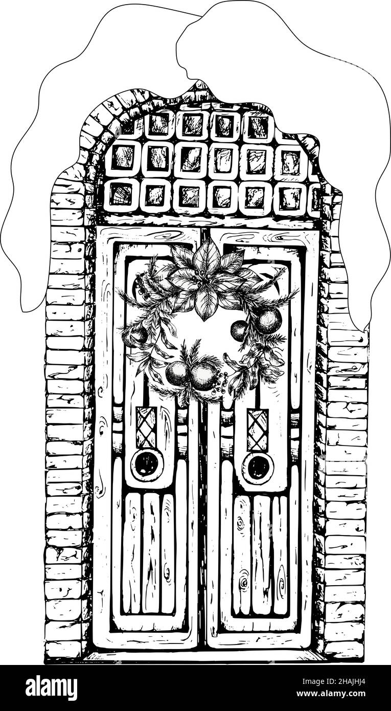 Porta vintage disegnata a mano. Nero e bianco, isolato su sfondo bianco. Illustrazione Vettoriale
