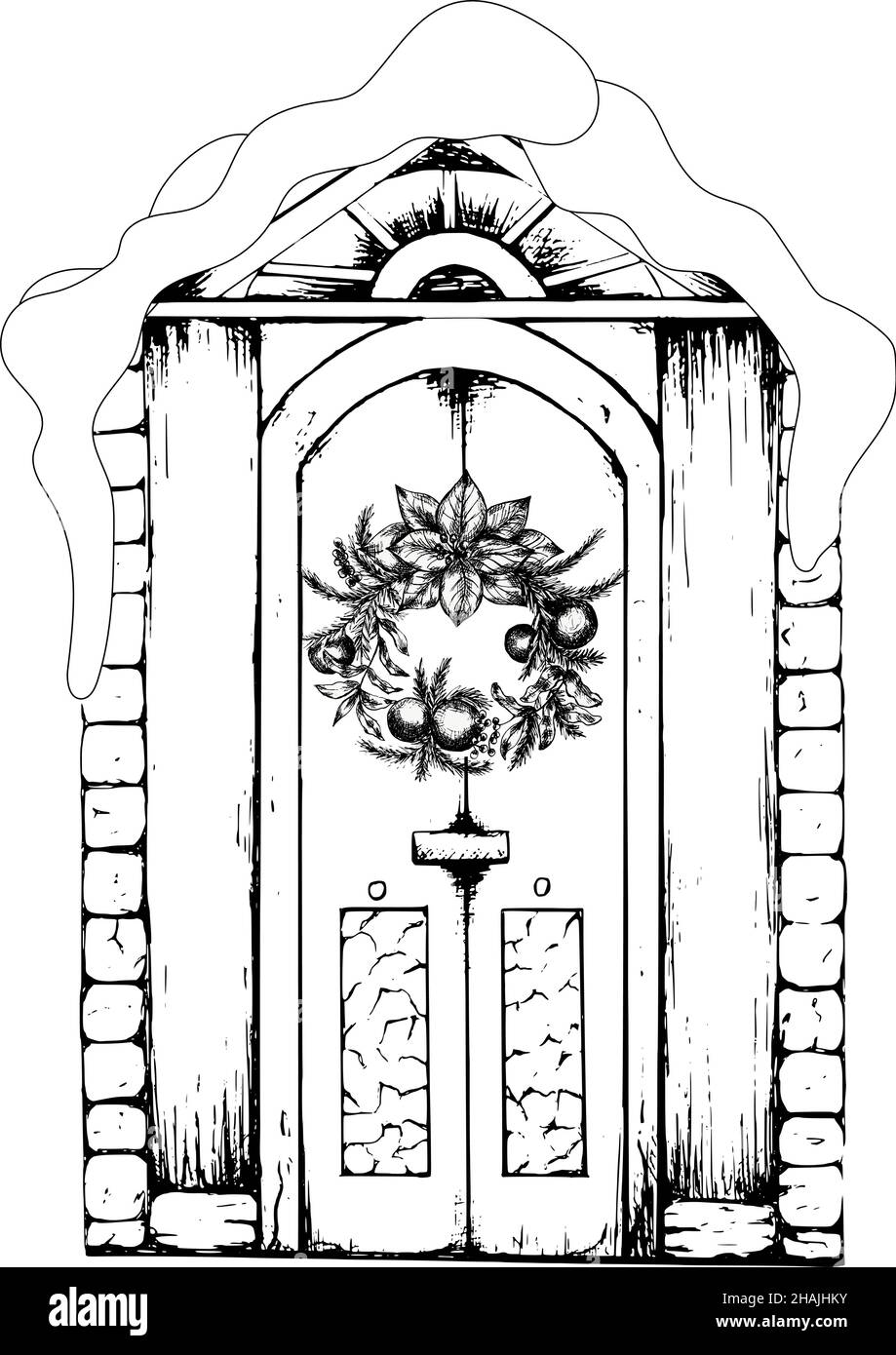 Porta vintage disegnata a mano. Nero e bianco, isolato su sfondo bianco. Illustrazione Vettoriale