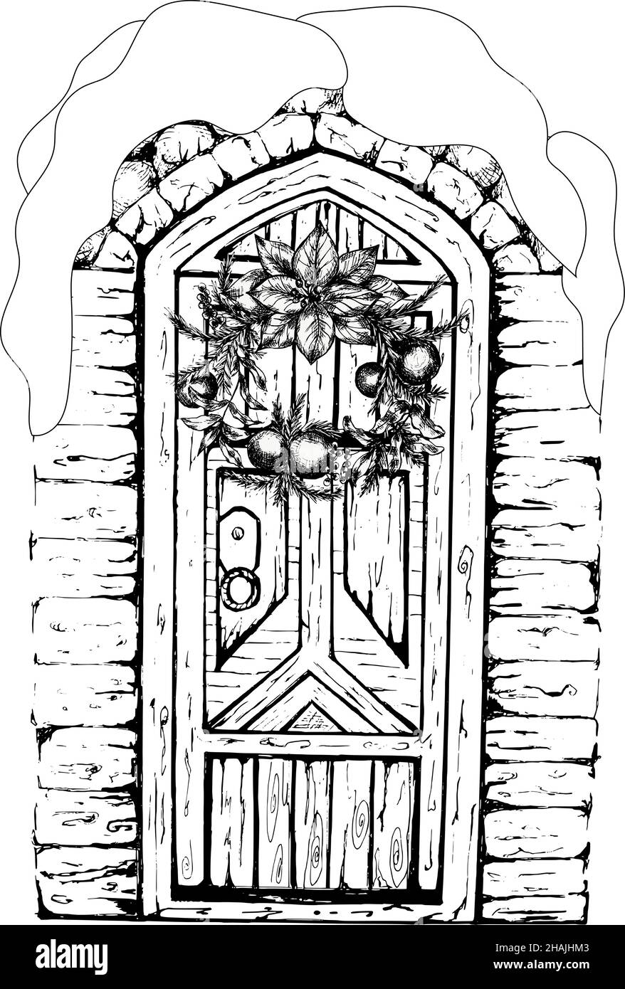 Porta vintage disegnata a mano. Nero e bianco, isolato su sfondo bianco. Illustrazione Vettoriale