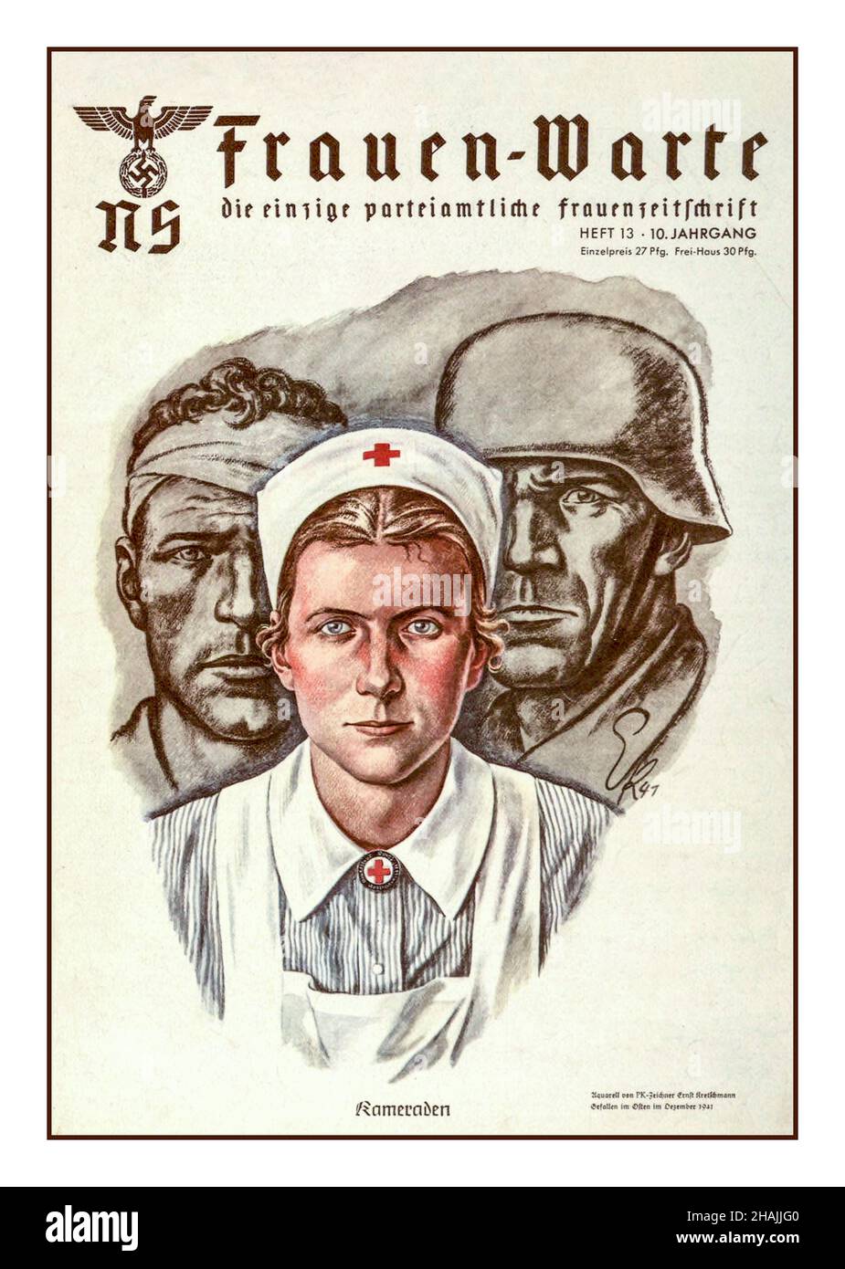 Poster vintage WW2 Nazi Recruitment Propaganda "Frauen-Warte" Nazi NS Illustration Promoting a Womens Nursing Work in Nazi Germany World War II World War 'Women's Ward" Official Women's poster Magazine Foto Stock