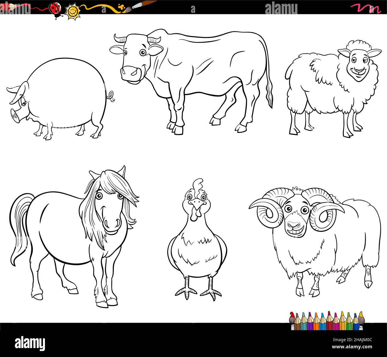 Illustrazione di fumetti in bianco e nero dei caratteri fumetti animali della fattoria Imposta la pagina del libro da colorare Illustrazione Vettoriale