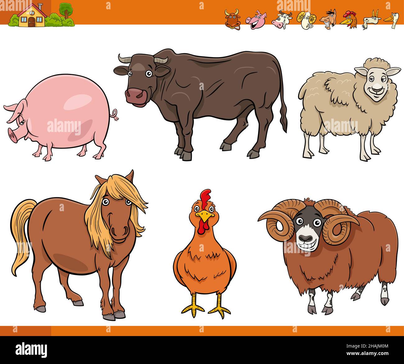 Illustrazione cartoon di divertenti animali da fattoria set di personaggi comici Illustrazione Vettoriale