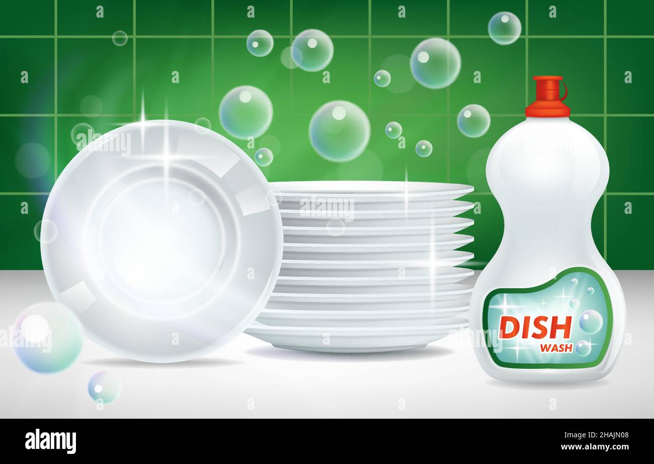 Piatti pulire le piastre lucenti e detersivo per lavastoviglie in confezione, mockup pubblicità, illustrazione vettoriale. Illustrazione Vettoriale