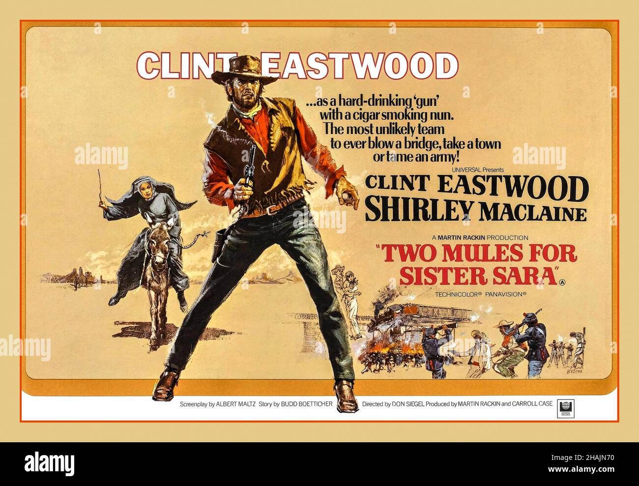 Vintage Movie Film Poster 'Two Mules for Sister Sara' è un film Western americano-messicano in Panavision del 1970 diretto da Don Siegel e interpretato da Shirley MacLaine ambientato durante l'intervento francese in Messico (1861-1867). La trama segue il mercenario americano che si mescola con una suora e aiuta un gruppo di ribelli Juarista durante il regno dei burattini dell'imperatore Massimiliano in Messico. Il film comprendeva attori e attrici americani e messicani, tra cui il film girato nella pittoresca campagna vicino a Tlayacapan, Morelos. Ennio Morricone compose la musica del film. © Universal Pictures nel contesto Foto Stock
