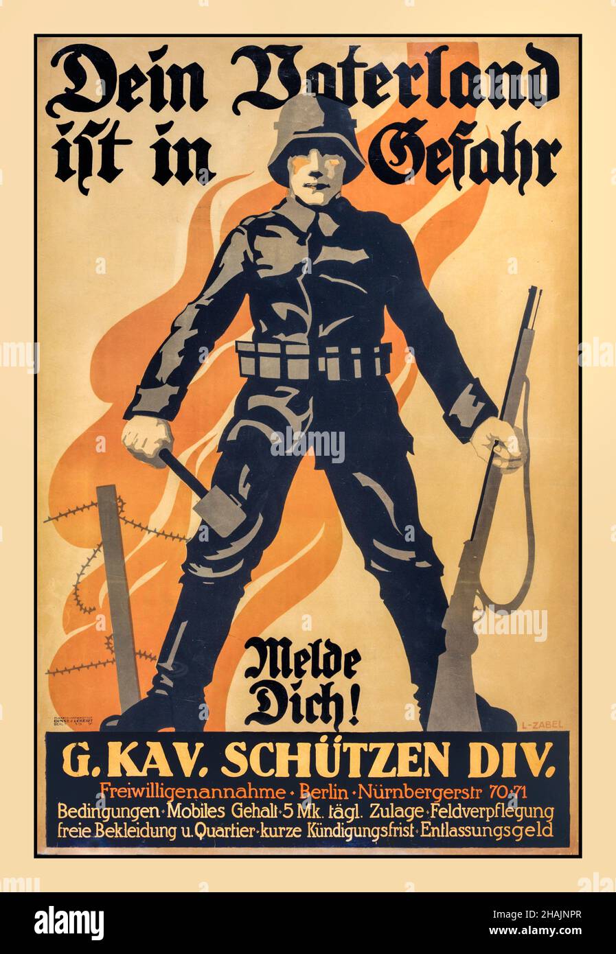 WW1 German Military Recruitment poster, "la vostra Patria è in pericolo venire avanti " " Dein Vaterland ist in Gefahr, Melde Dich" Zabel Lucian, 1893-1936, artista. Guerra mondiale · dopo la germania · berlino · · reclutamento e arruolamento · di soldati · litografie tedesche · colori · · poster di guerra Germania--Berlino 1914-1918 prima guerra mondiale Foto Stock